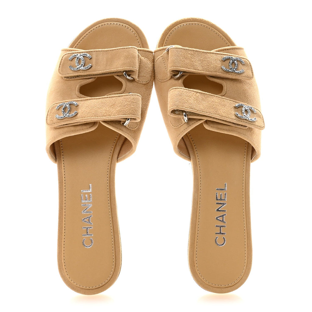 Chanel Suede Kidskin Velcro Mules 38 Beige