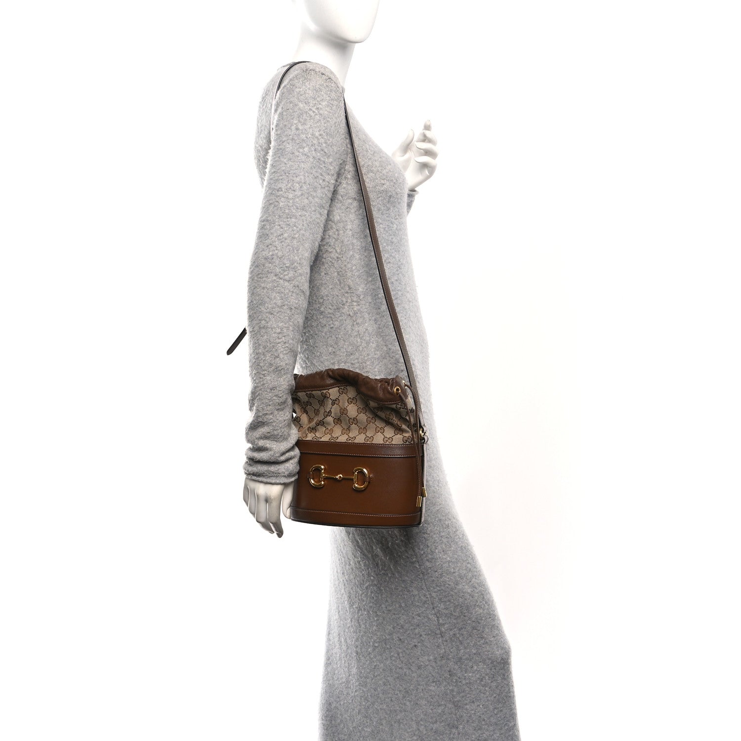 Gucci Monogram Textured Calfskin Horsebit 1955 Drawstring Bucket Bag Beige Brown Sugar
