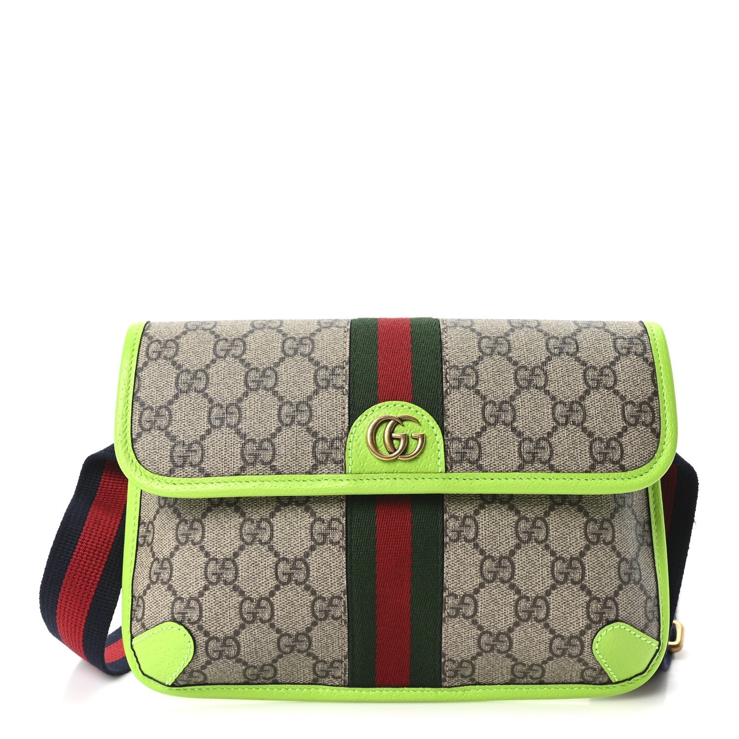 Gucci GG Supreme Monogram Web Small Ophidia Belt Bag Beige Ebony Electric Green