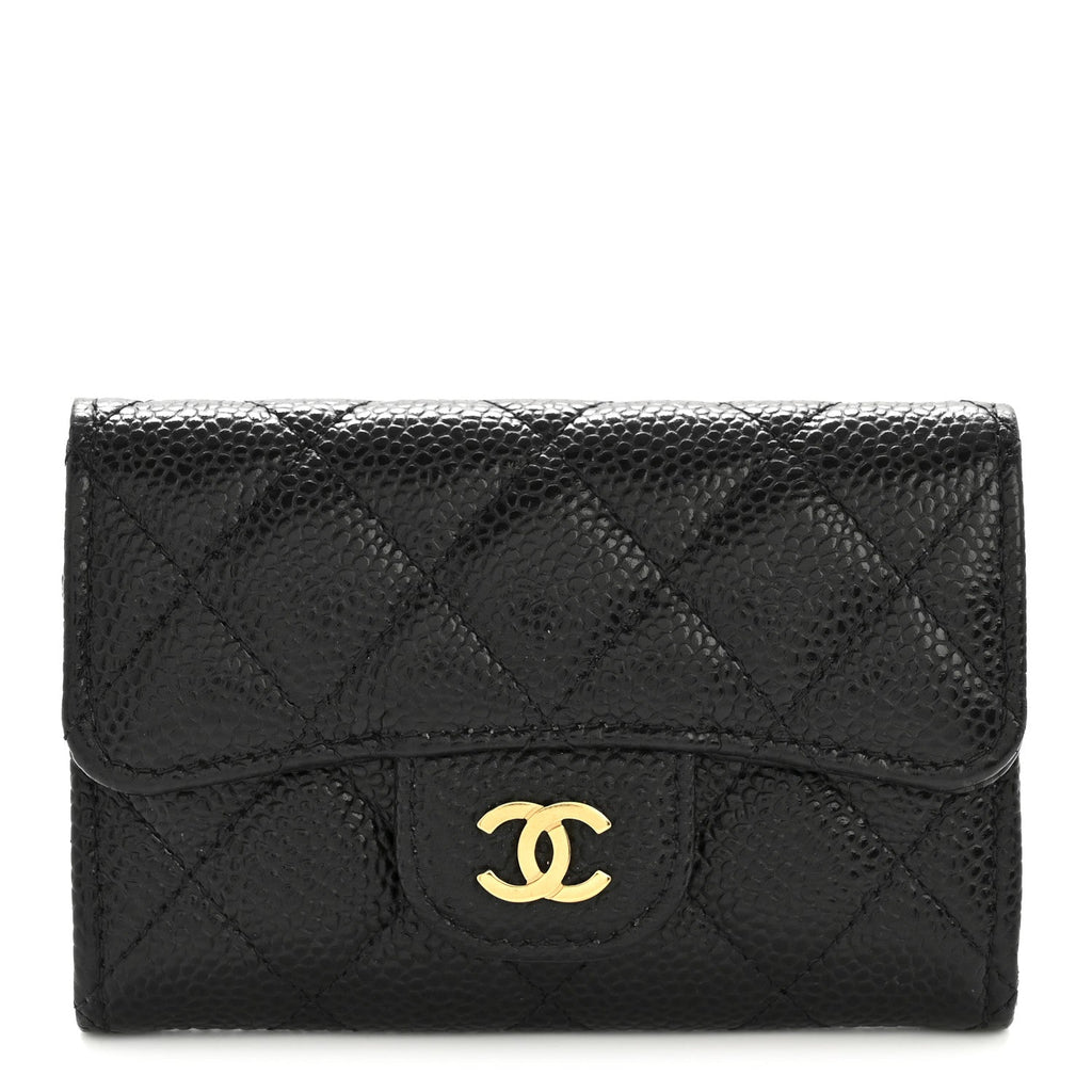 Caviar Quilted Flap Card Holder Wallet Black