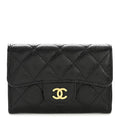 Caviar Quilted Flap Card Holder Wallet Black