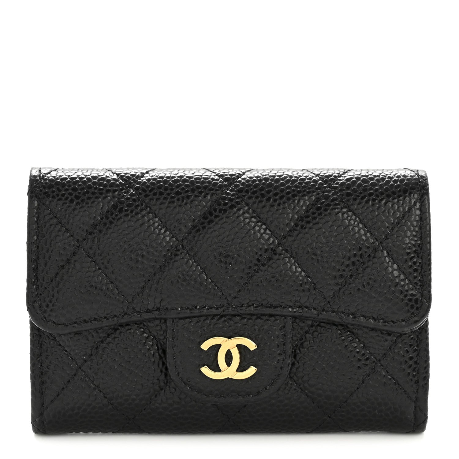 Caviar Quilted Flap Card Holder Wallet Black