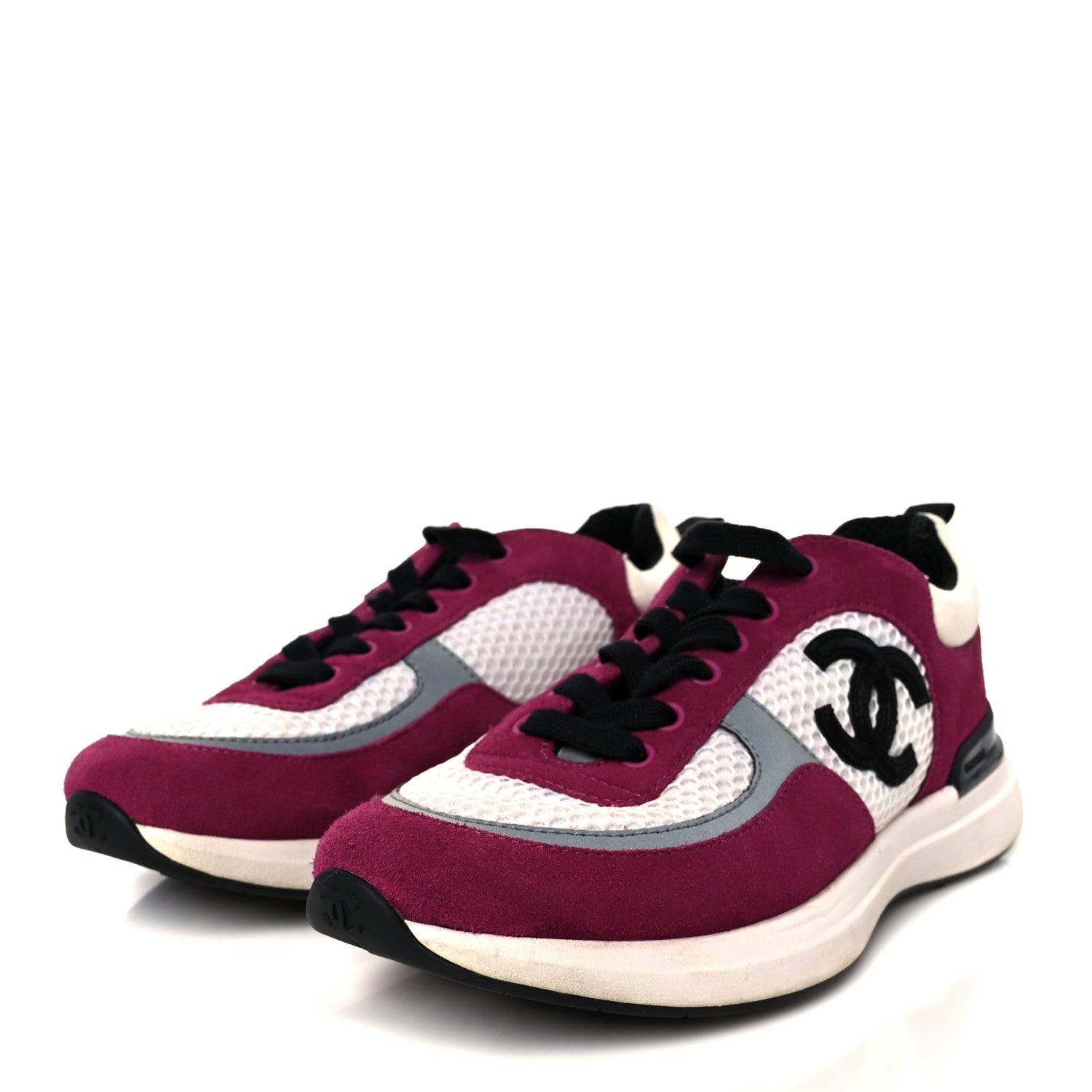 Mesh Suede Calfskin Womens CC Sneakers 38 White Dark Pink Grey