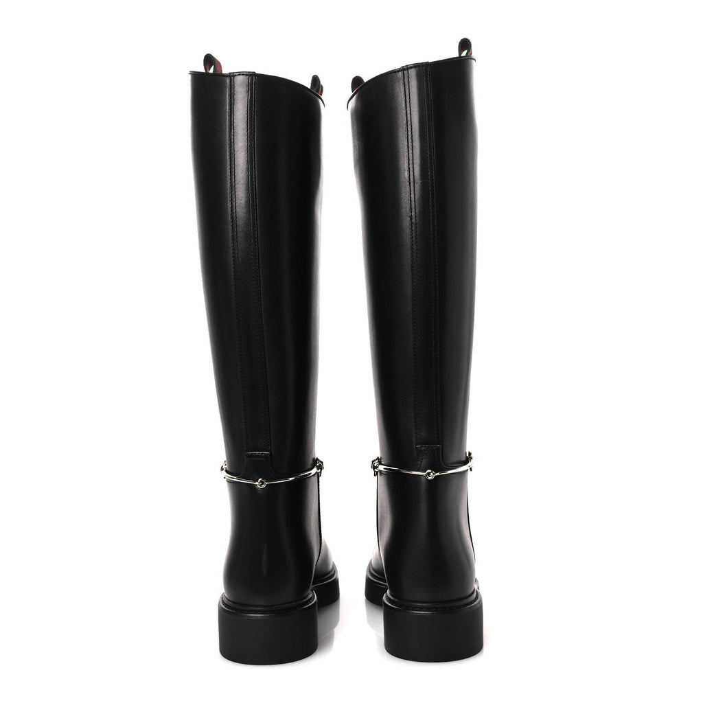 Gucci Shiny Calfskin Michelangelo Slim Horsebit Riding Boots 36 Black