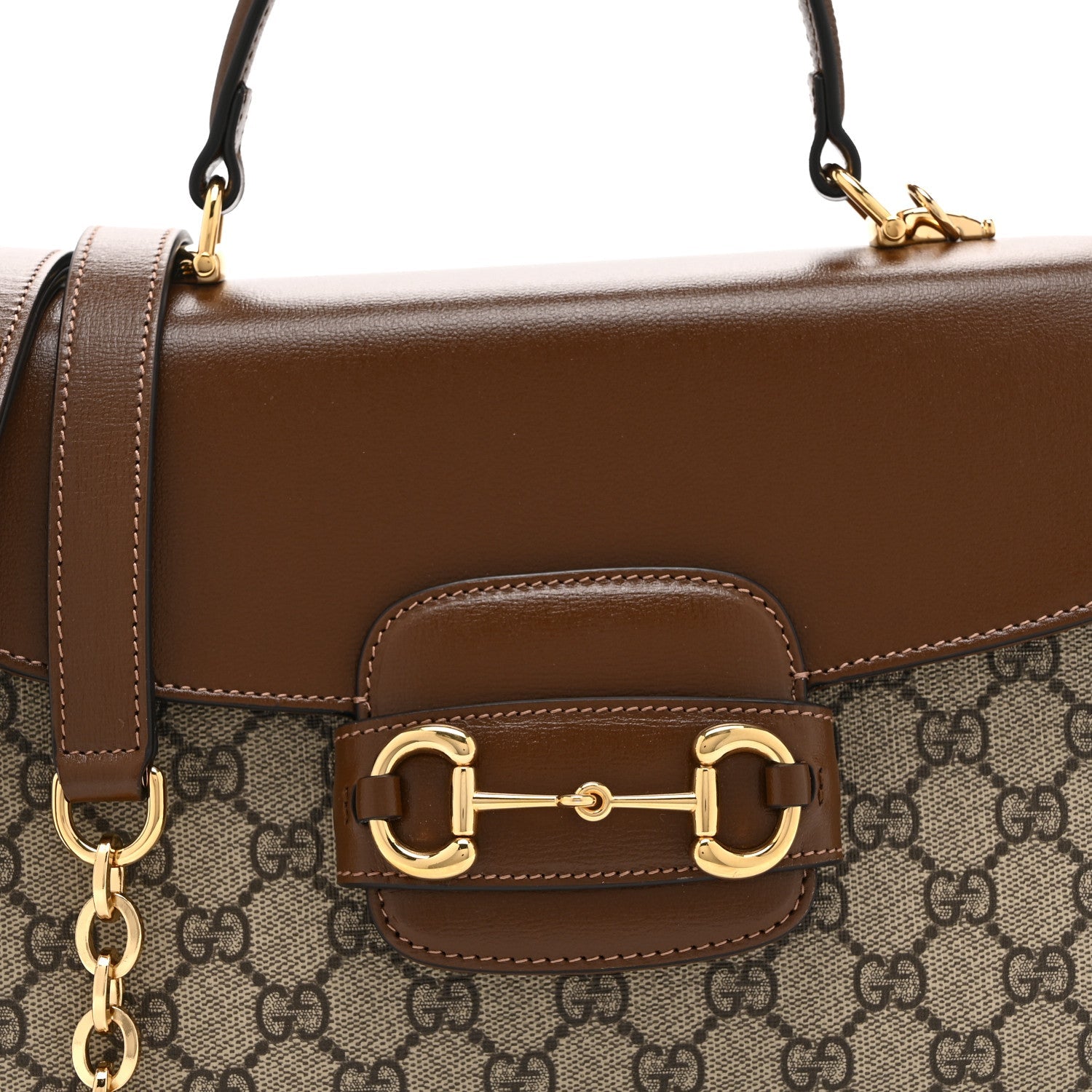 Gucci GG Supreme Monogram Calfskin Medium Horsebit 1955 Top Handle Bag Beige Ebony Brown Sugar