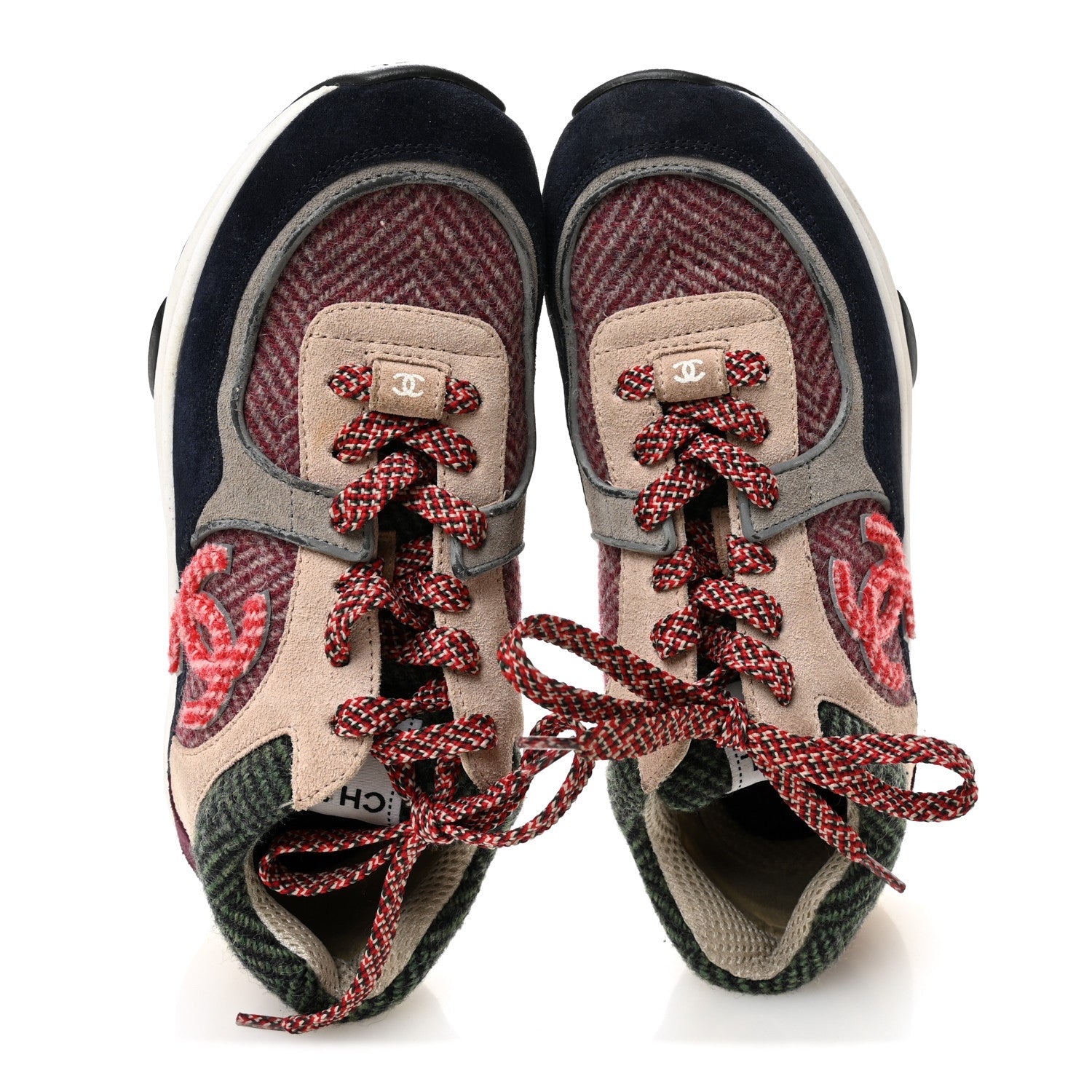 Chanel Tweed Suede CC Sneakers 38.5 Navy Red Multicolor