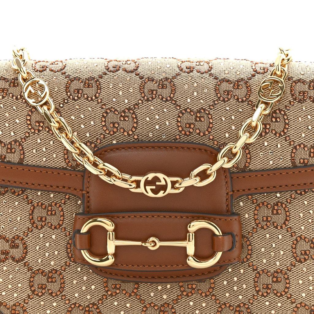 Gucci New Canvas Charisma Calfskin Crystal GG Monogram Mini Horsebit 1955 Shoulder Bag Camel Ebony
