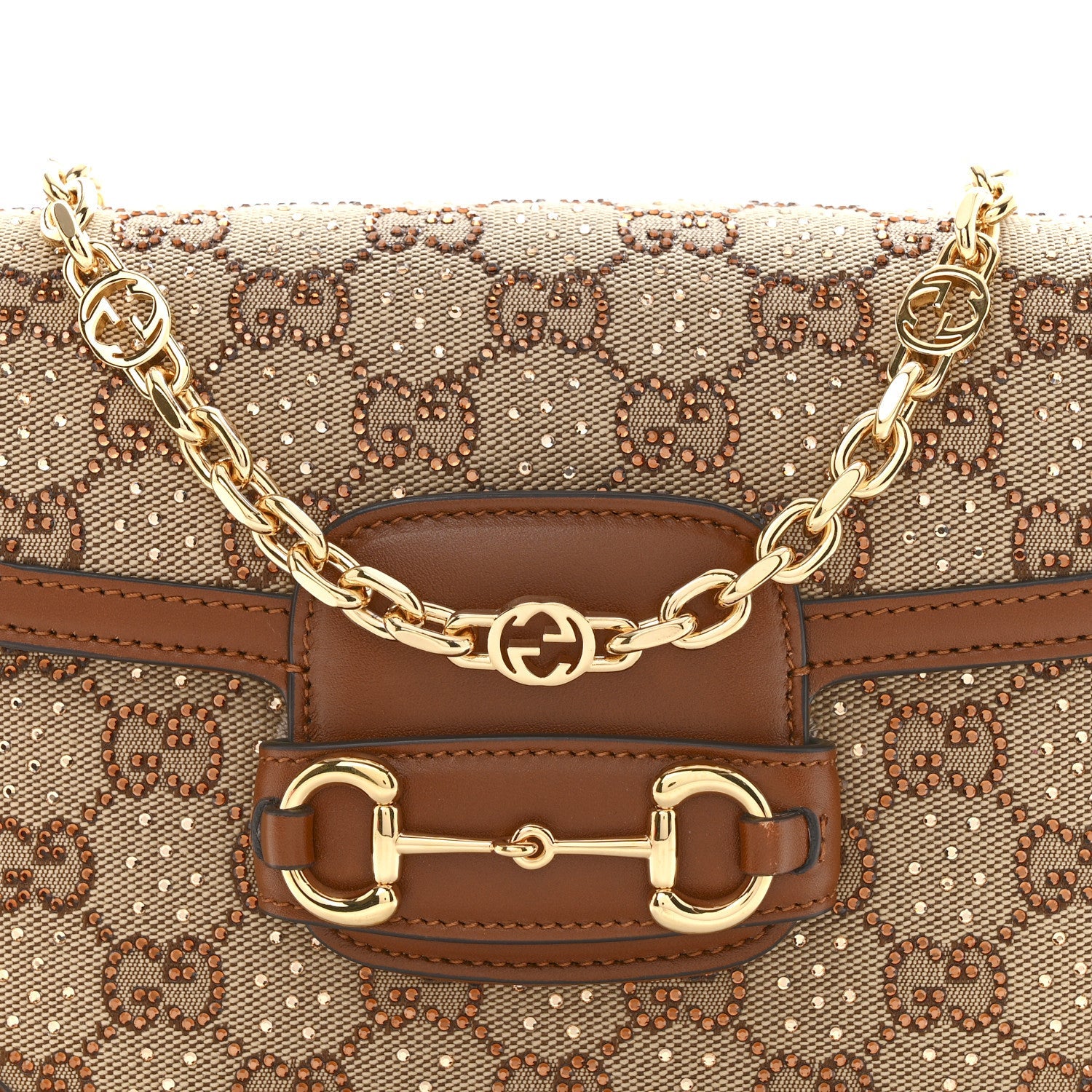 Gucci New Canvas Charisma Calfskin Crystal GG Monogram Mini Horsebit 1955 Shoulder Bag Camel Ebony