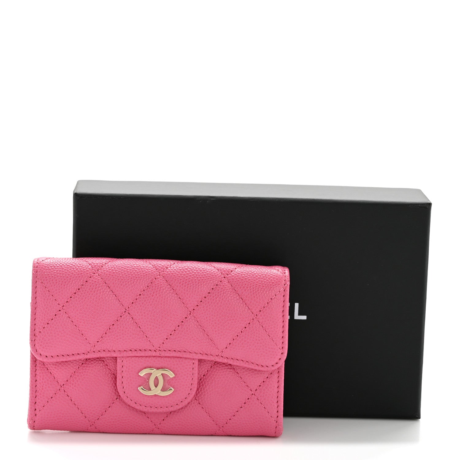 Caviar Quilted Flap Card Holder Wallet Pink