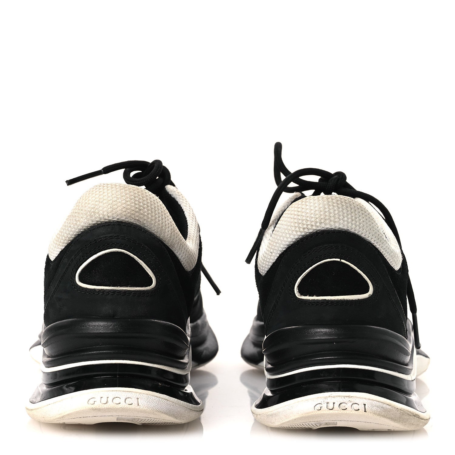 Gucci Technical Knit Fabric Suede Calfskin Womens Gucci Run Sneakers 38 Black White