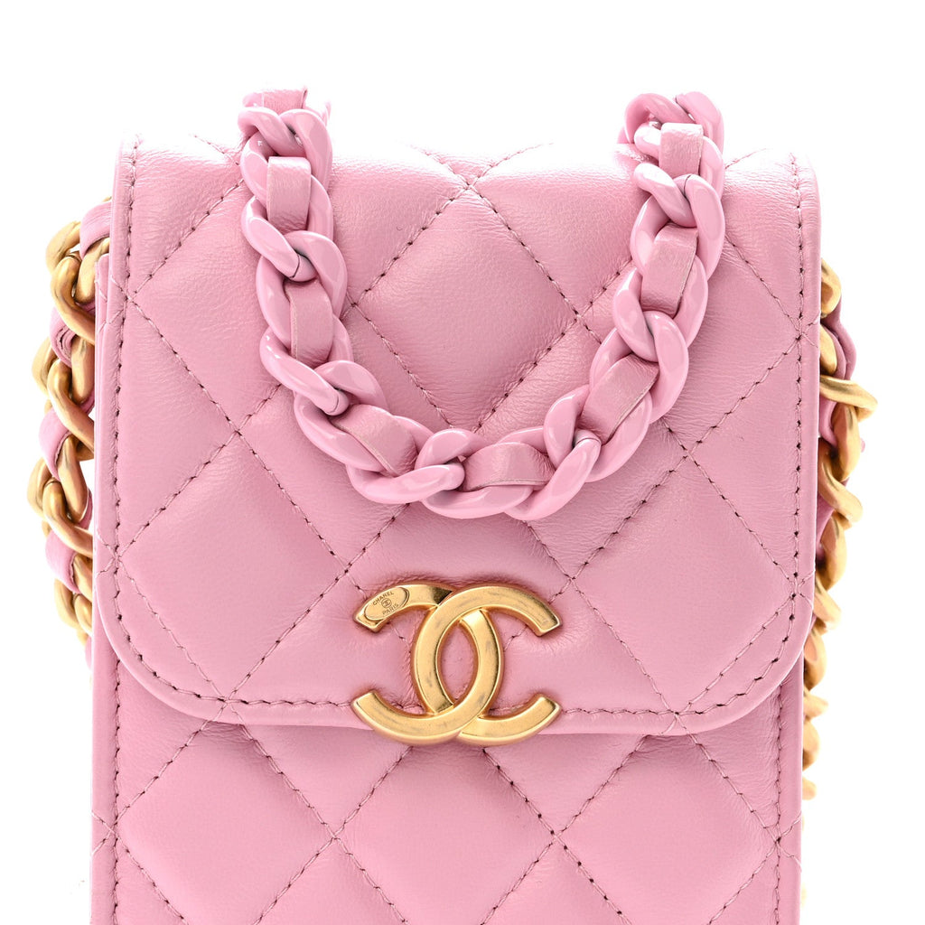 Chanel Lambskin Quilted Lacquered Chain Phone Holder With Chain Dark Pink