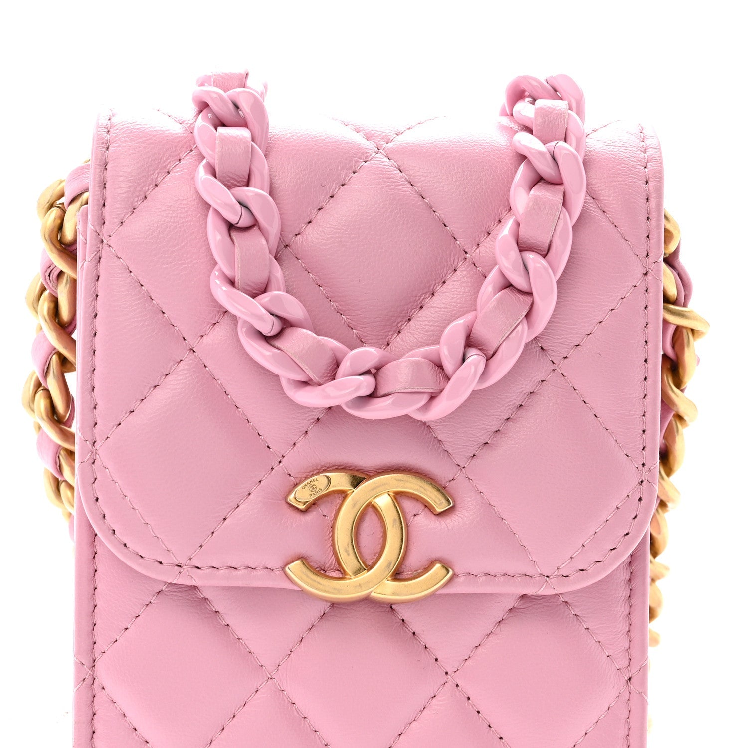Chanel Lambskin Quilted Lacquered Chain Phone Holder With Chain Dark Pink