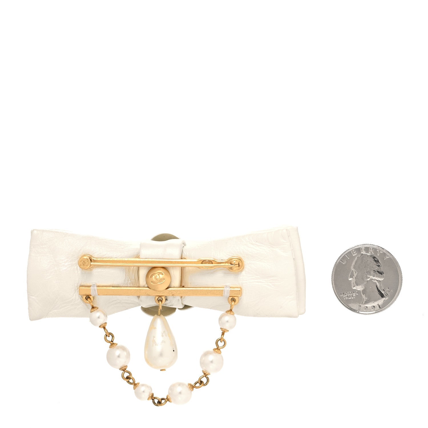 Metal Pearl Camelia CC Bow Brooch White Gold