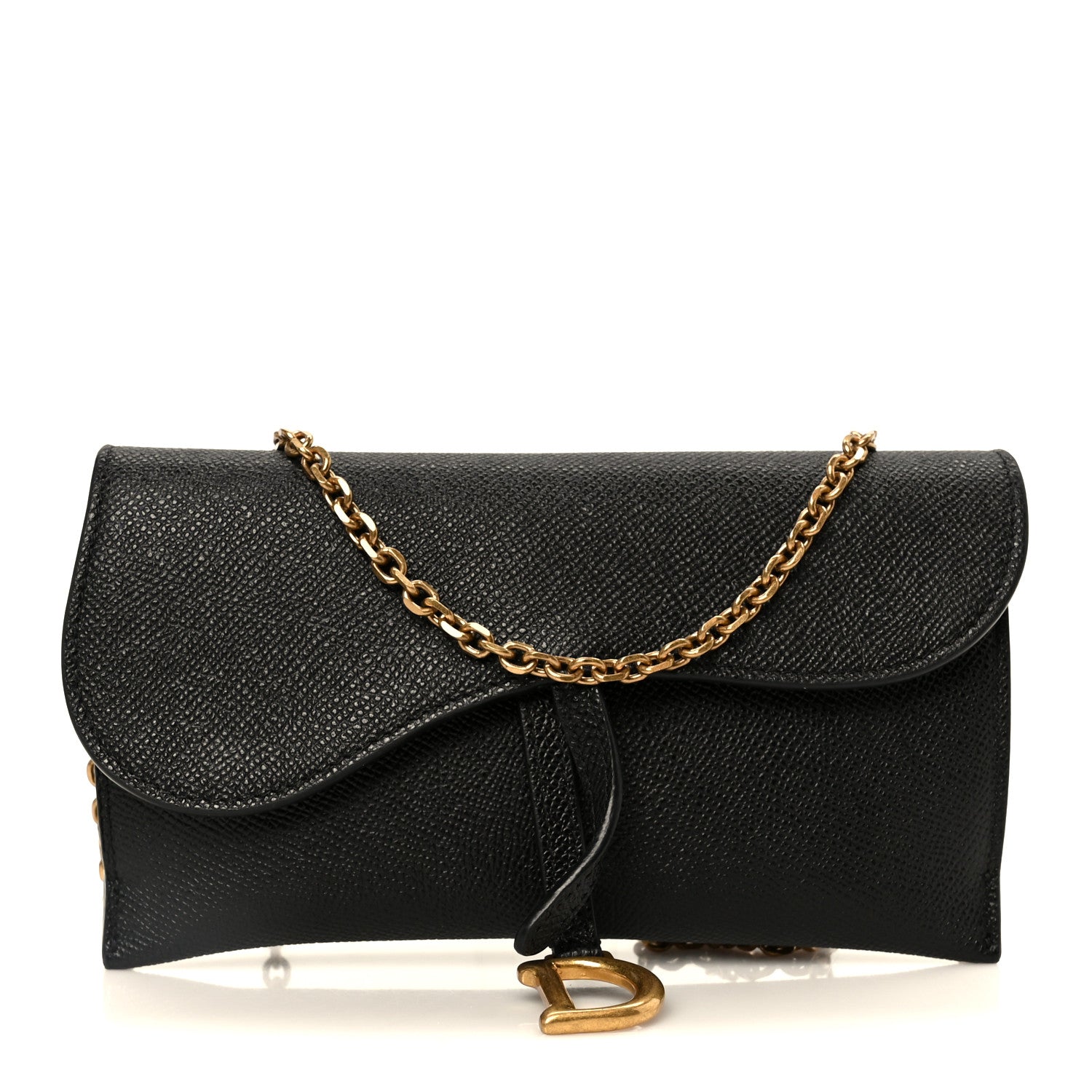 Christian Dior Grained Calfskin Saddle Chain Wallet Pouch Black