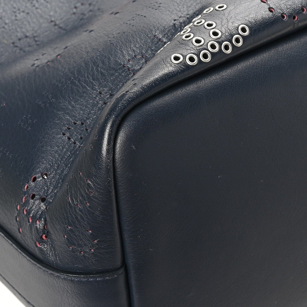 Chanel Calfskin Tweed Small Logo Eyelets Shopping Tote Navy Blue