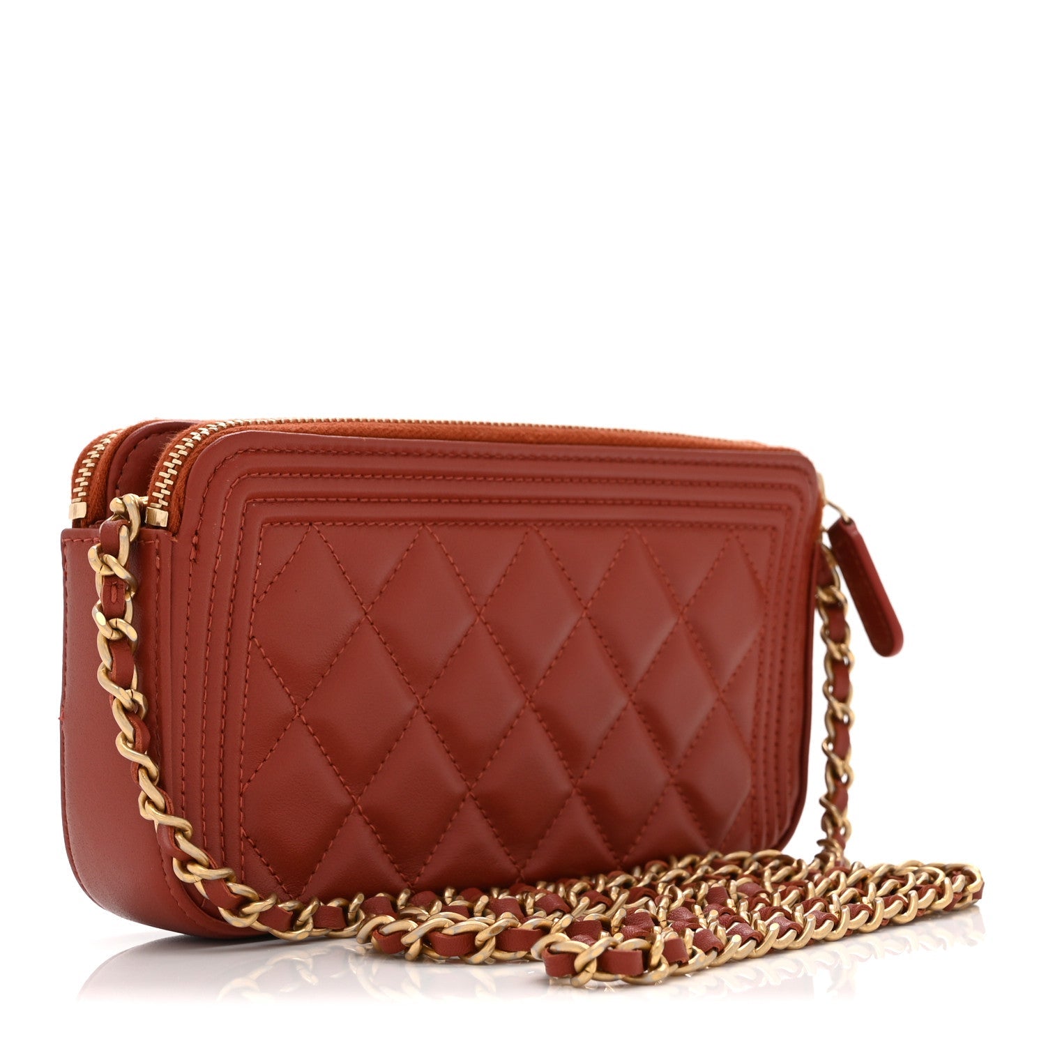 Chanel Lambskin Quilted Small Boy Clutch With Chain Orange