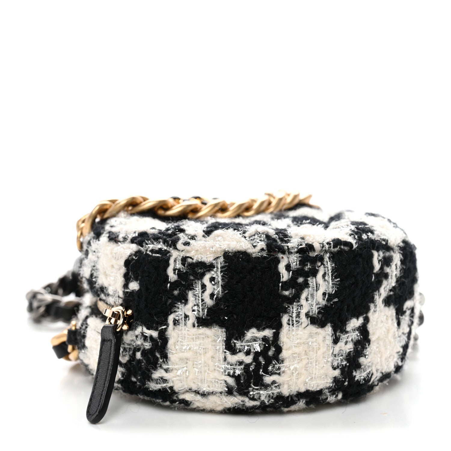 Chanel Wool Tweed Lambskin Quilted Chanel 19 Round Clutch With Chain and Coin Purse Black White