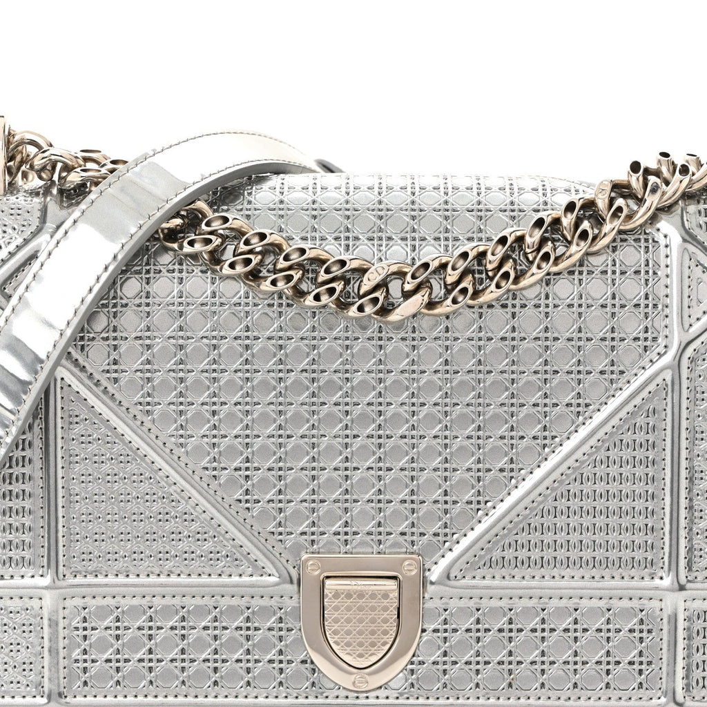 Christian Dior Metallic Patent Micro-Cannage Small Diorama Flap Bag Silver