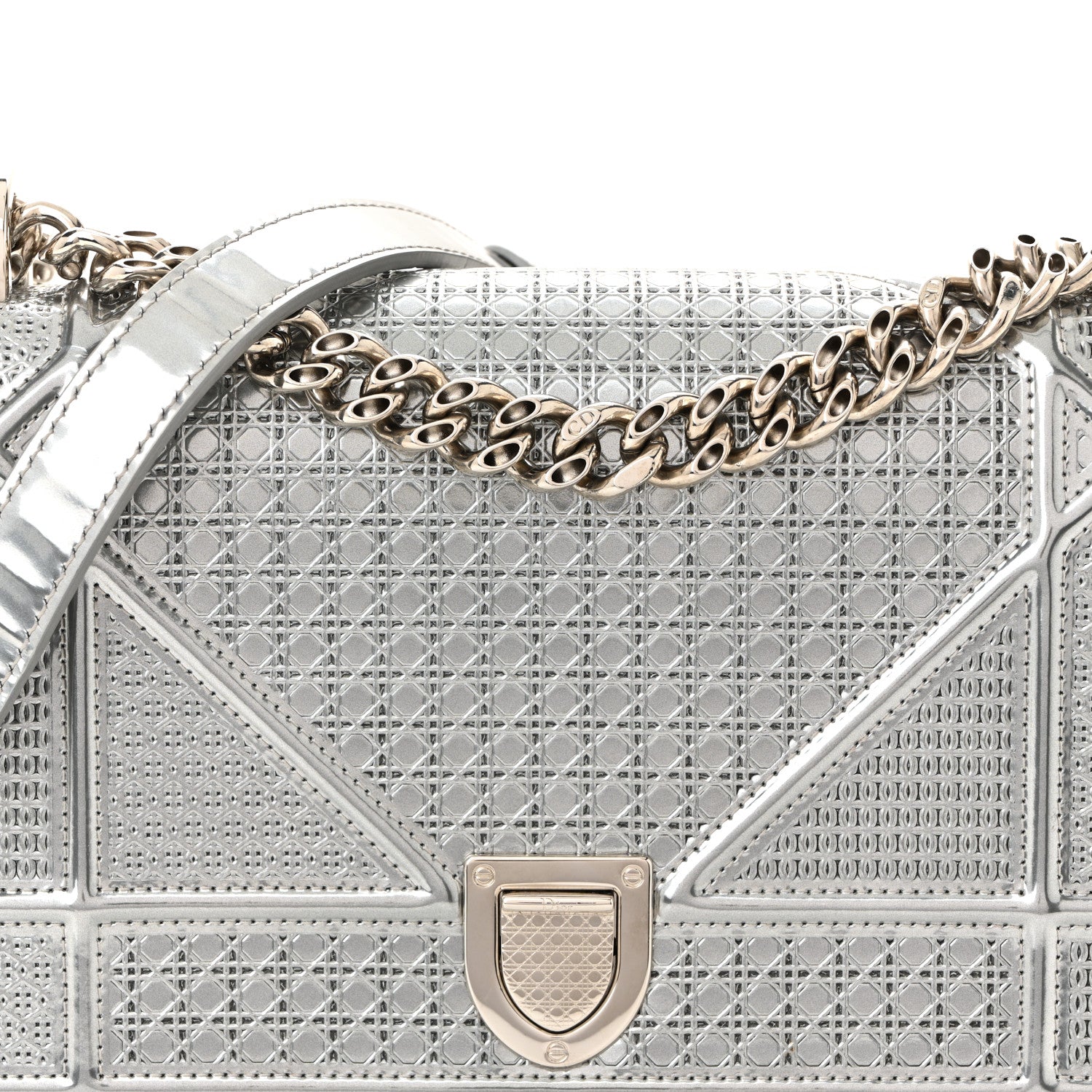 Christian Dior Metallic Patent Micro-Cannage Small Diorama Flap Bag Silver