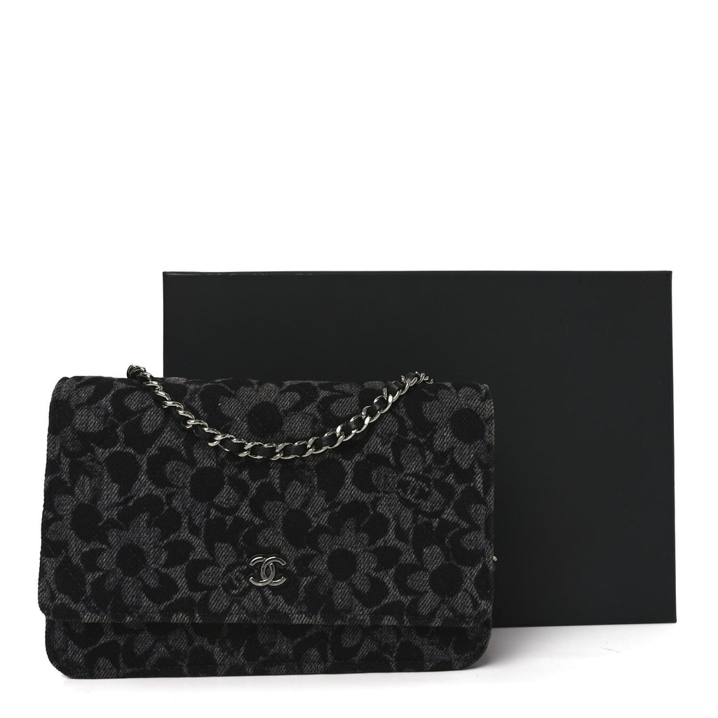 Chanel Printed Denim Quilted Flower Wallet On Chain WOC Black