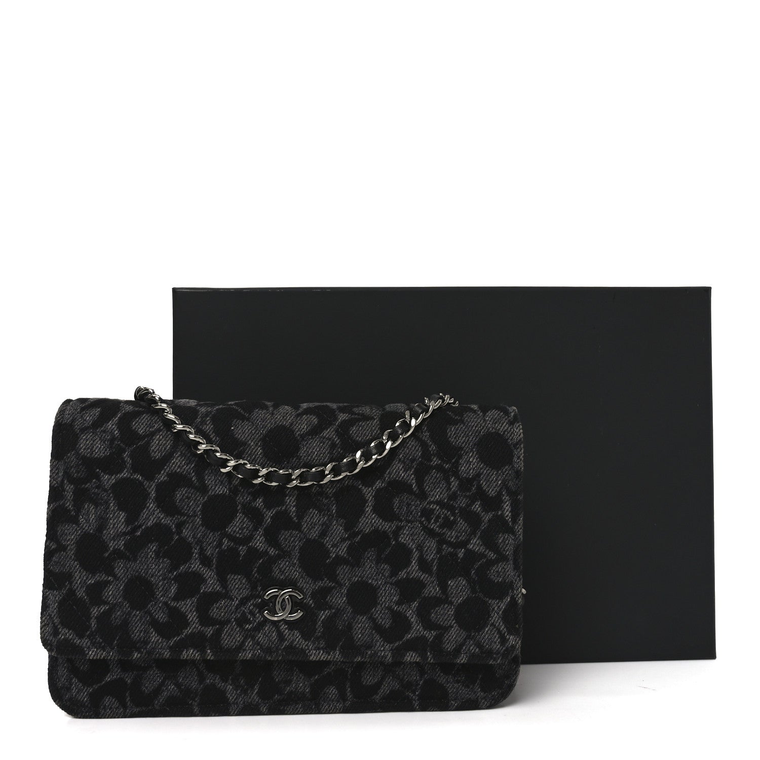 Chanel Printed Denim Quilted Flower Wallet On Chain WOC Black