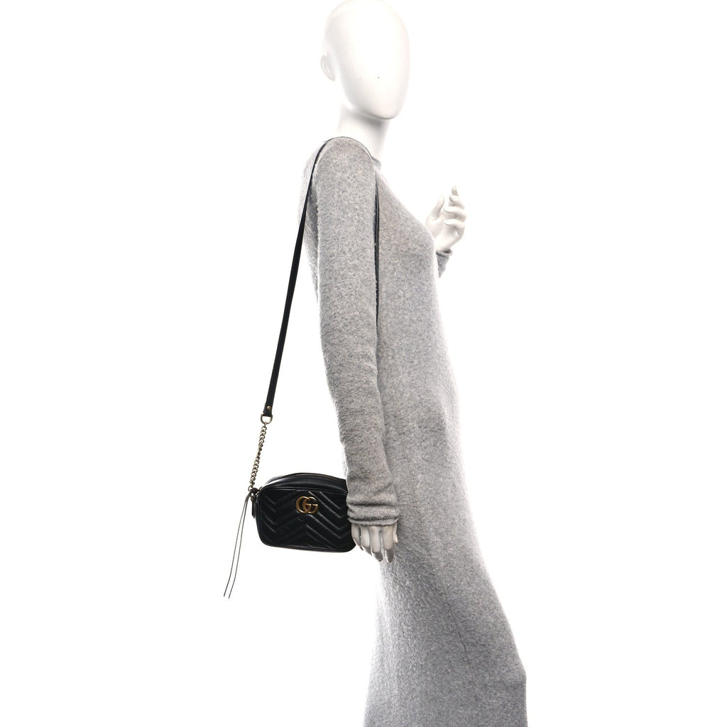 Gucci Calfskin Matelasse Mini GG Marmont Chain Shoulder Bag Black