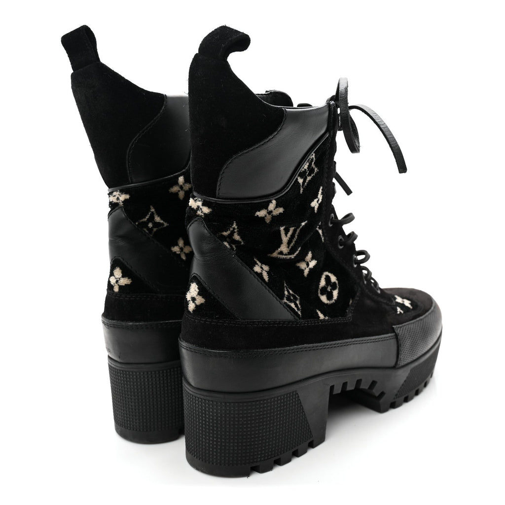 Louis Vuitton Velvet Calfskin Monogram Laureate Platform Desert Boots 40 Black White