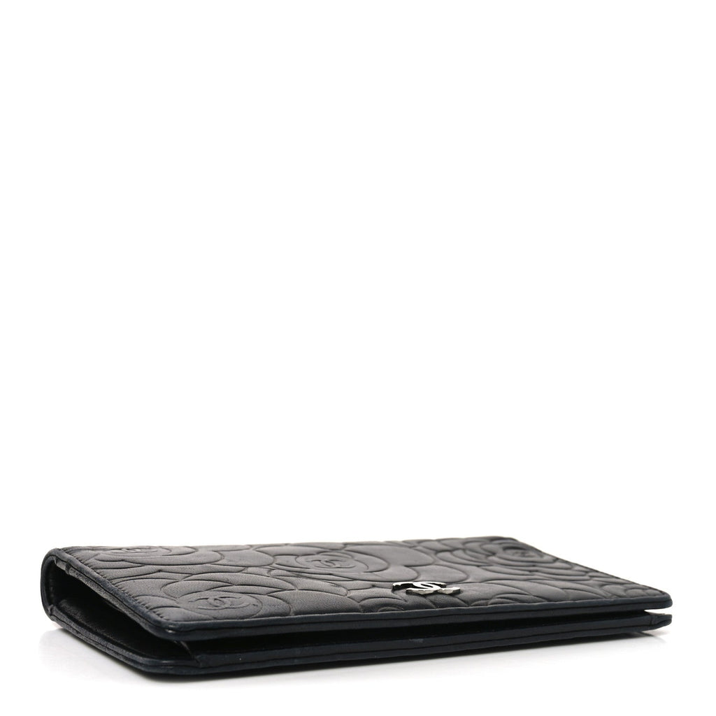 Lambskin Camellia Embossed Yen Wallet Black