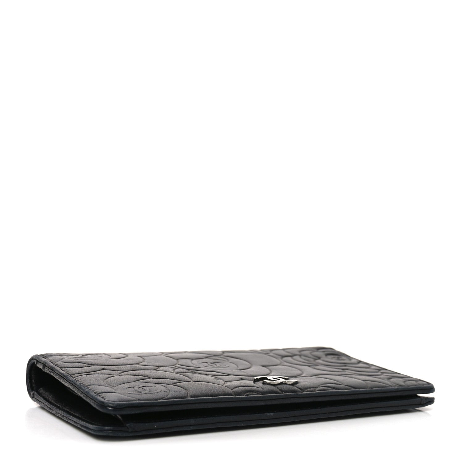 Lambskin Camellia Embossed Yen Wallet Black