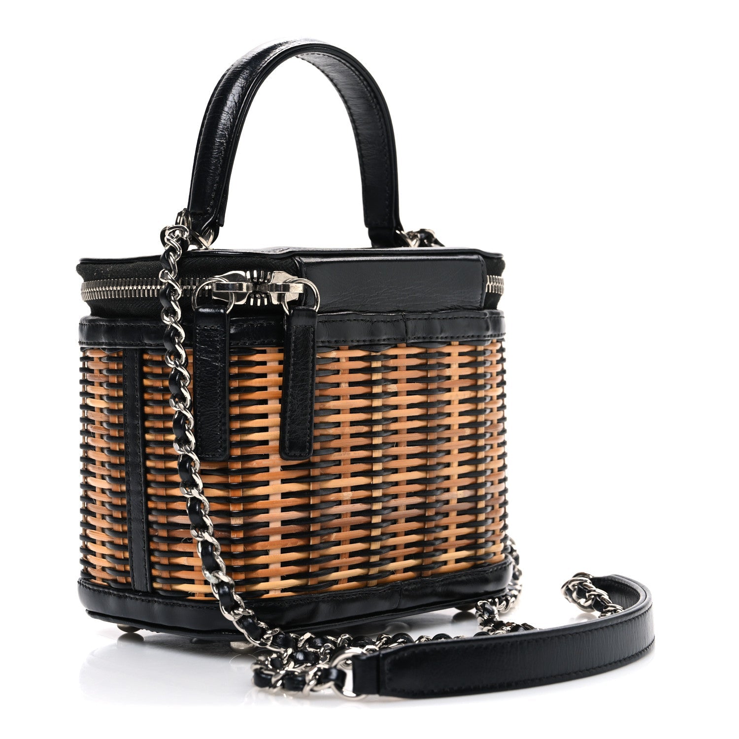 Chanel Calfskin Raffia Small Vanity Case Bag Black Beige