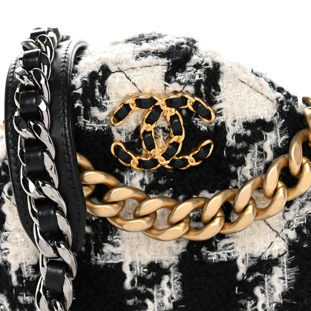 Chanel Wool Tweed Lambskin Quilted Chanel 19 Round Clutch With Chain and Coin Purse Black White