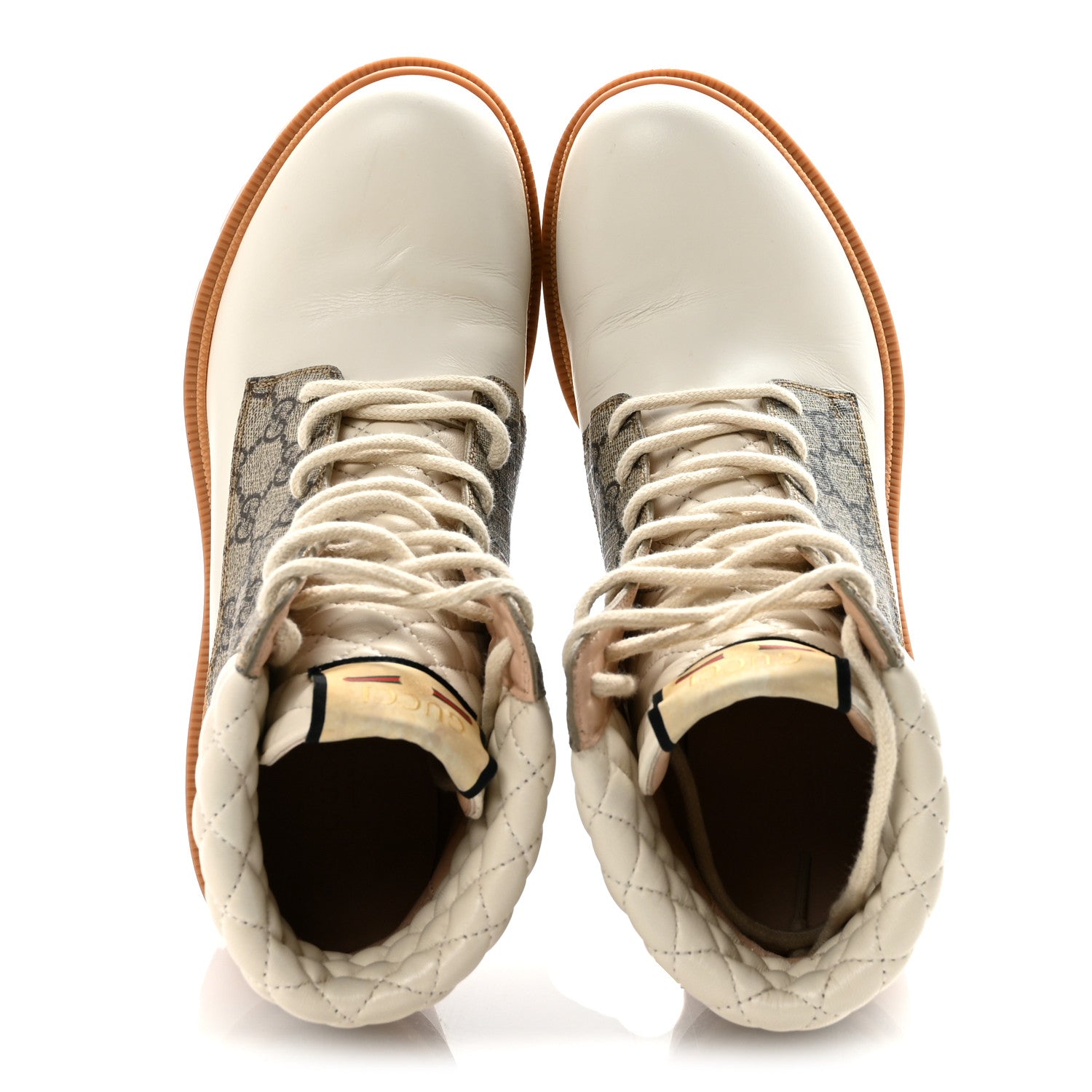 Gucci Apollo Calfskin GG Supreme Nappa Samoa Quilted Lace Up Ankle Boots 40 Mystic White Beige Ebony