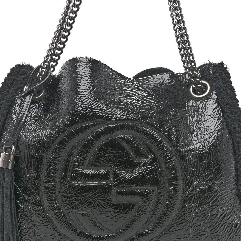 Gucci Patent Shearling Medium Soho Chain Shoulder Bag Black