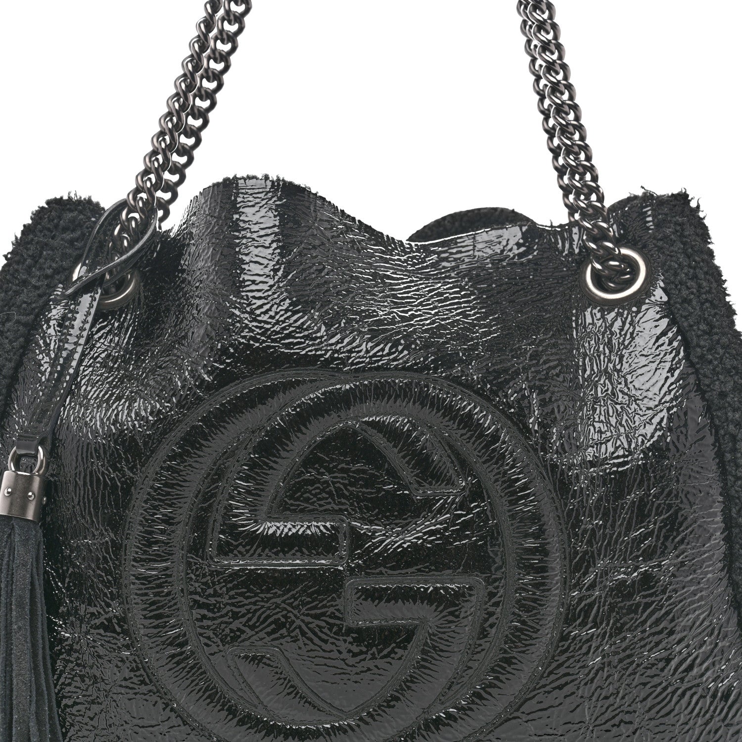 Gucci Patent Shearling Medium Soho Chain Shoulder Bag Black