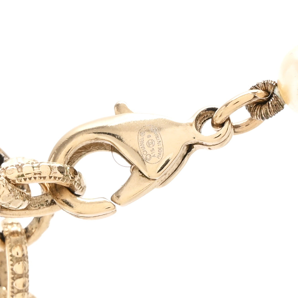 Baguette Crystal Pearl CC Long Necklace Black Gold