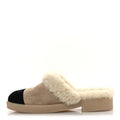 Chanel Suede Shearling CC Cap Toe Mules 38.5 Beige Black