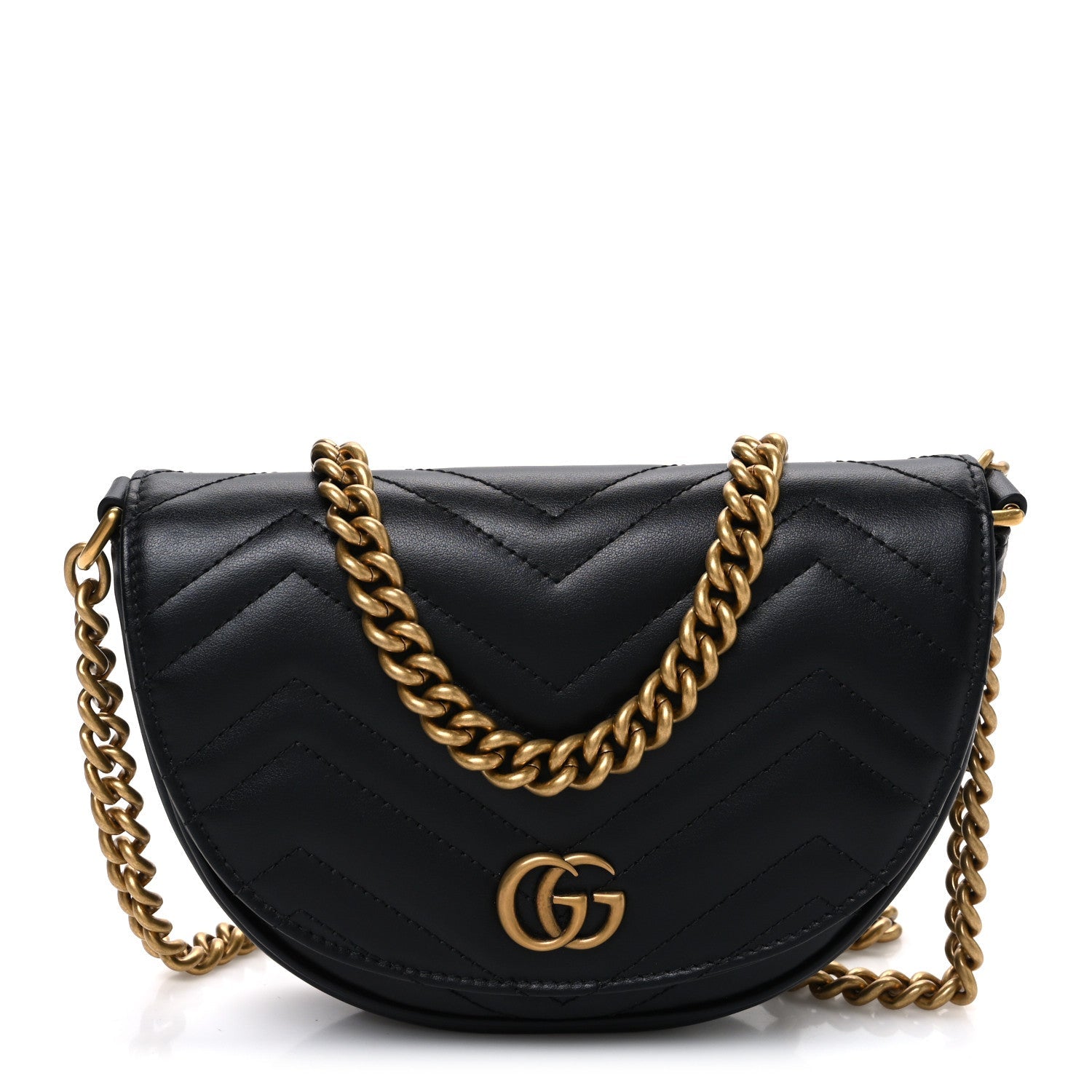 Gucci Calfskin Matelasse Mini GG Marmont Chain Half Moon Crossbody Bag Black