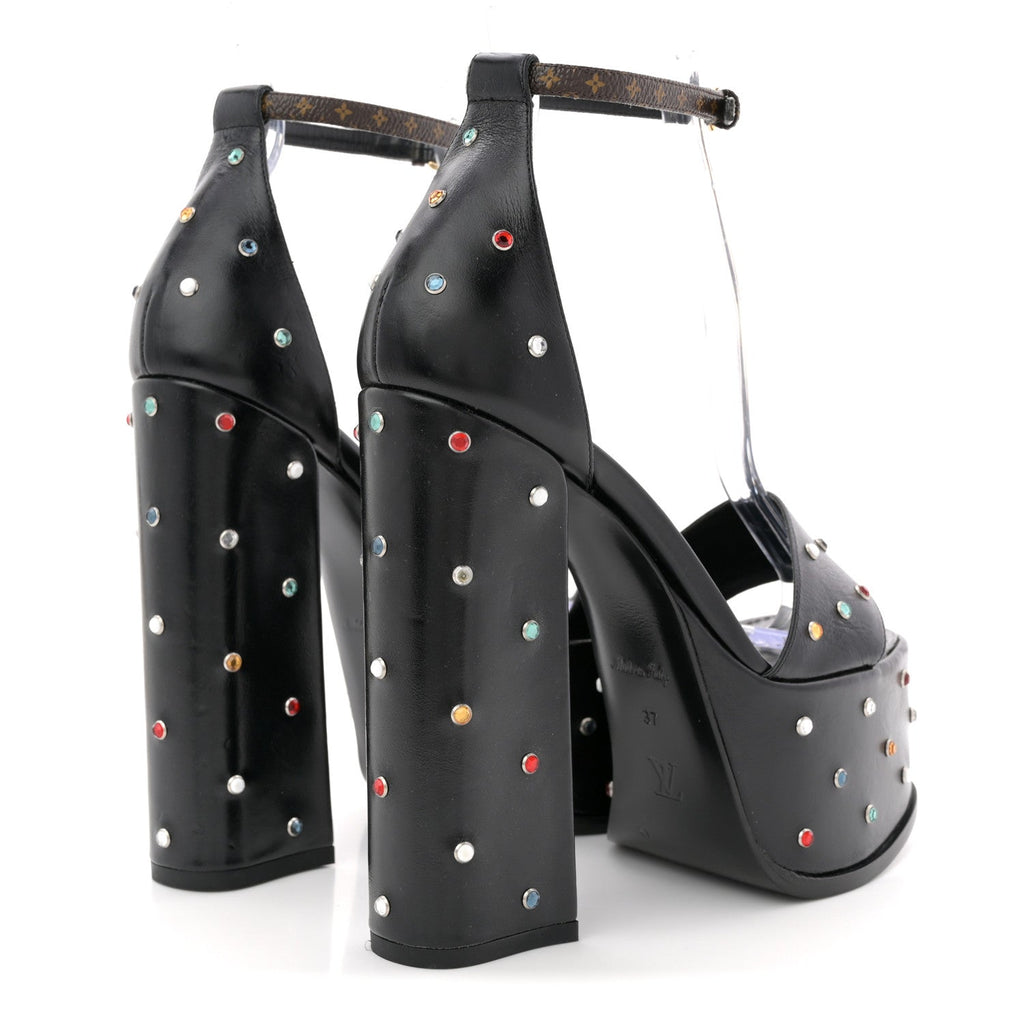 Louis Vuitton Calfskin Studded Fame Platform Sandals 37 Black
