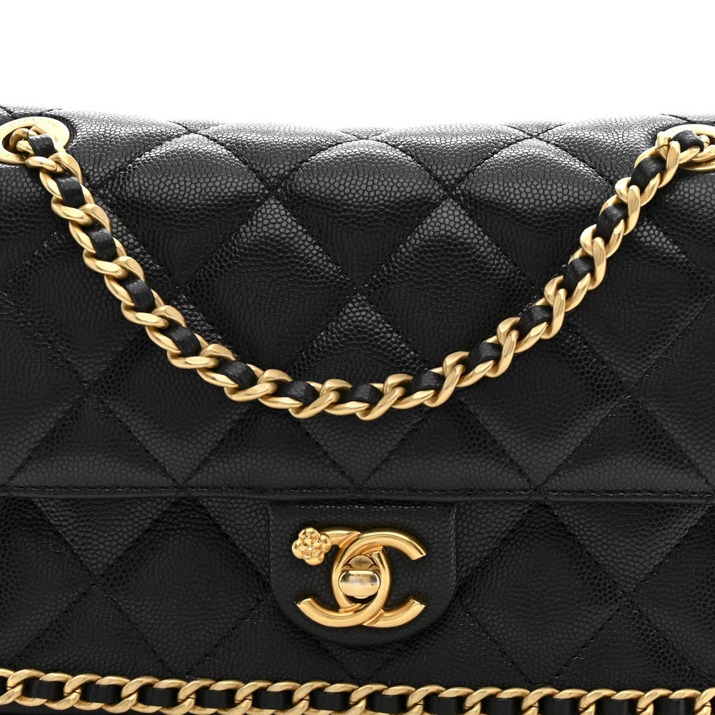 Chanel Caviar Quilted Camellia Chain Around Flap Black
