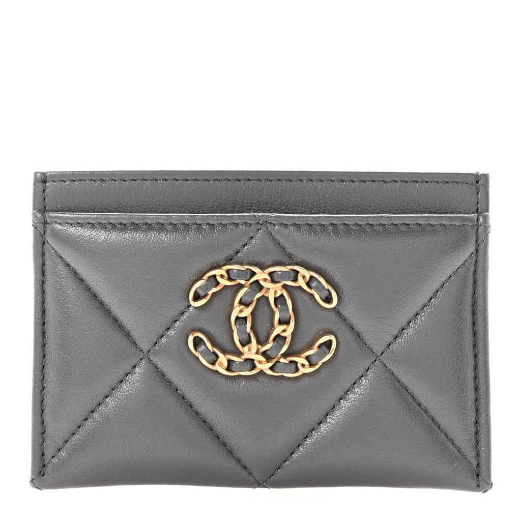 Chanel Shiny Goatskin Quilted Chanel 19 Card Holder Dark Grey