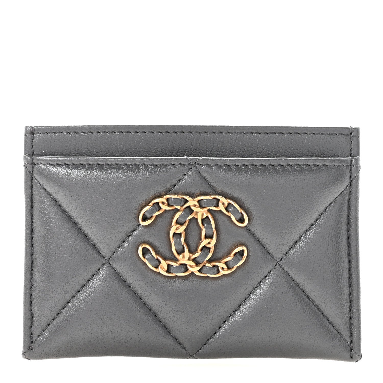 Chanel Shiny Goatskin Quilted Chanel 19 Card Holder Dark Grey