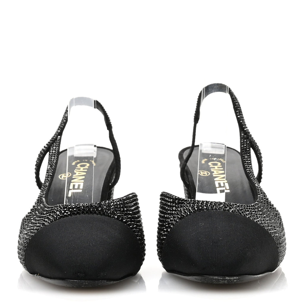 Chanel Strass Grosgrain Cap Toe CC Slingback Pumps 39 Black