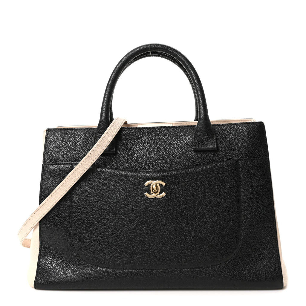 Chanel Grained Calfskin Small Bi-Color Neo Executive Shopper Tote Black Beige
