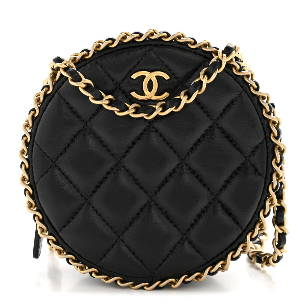 Chanel Lambskin Quilted Chain Around CC Round Clutch With Chain Black