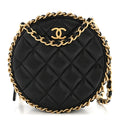 Chanel Lambskin Quilted Chain Around CC Round Clutch With Chain Black