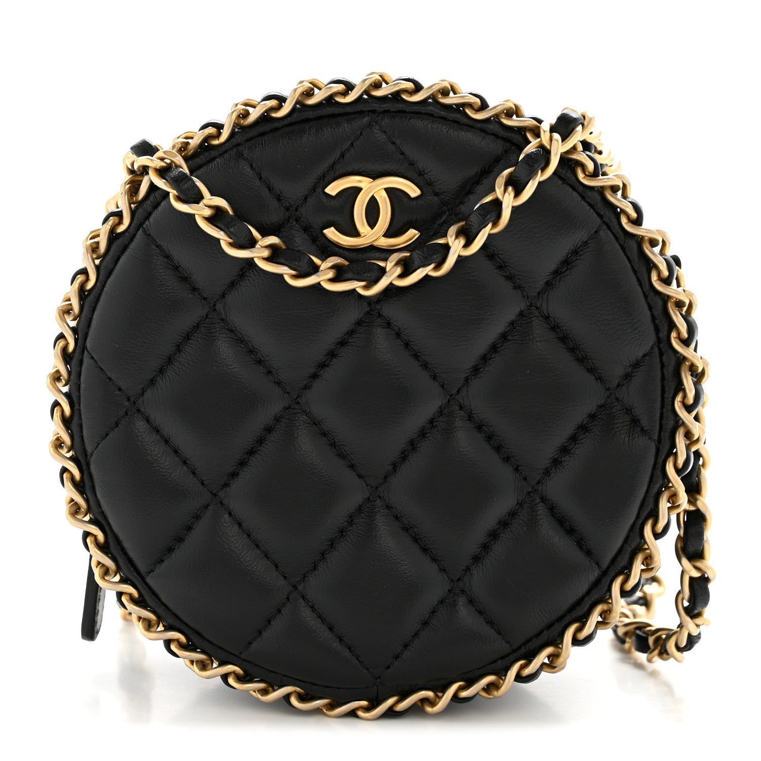 Chanel Lambskin Quilted Chain Around CC Round Clutch With Chain Black