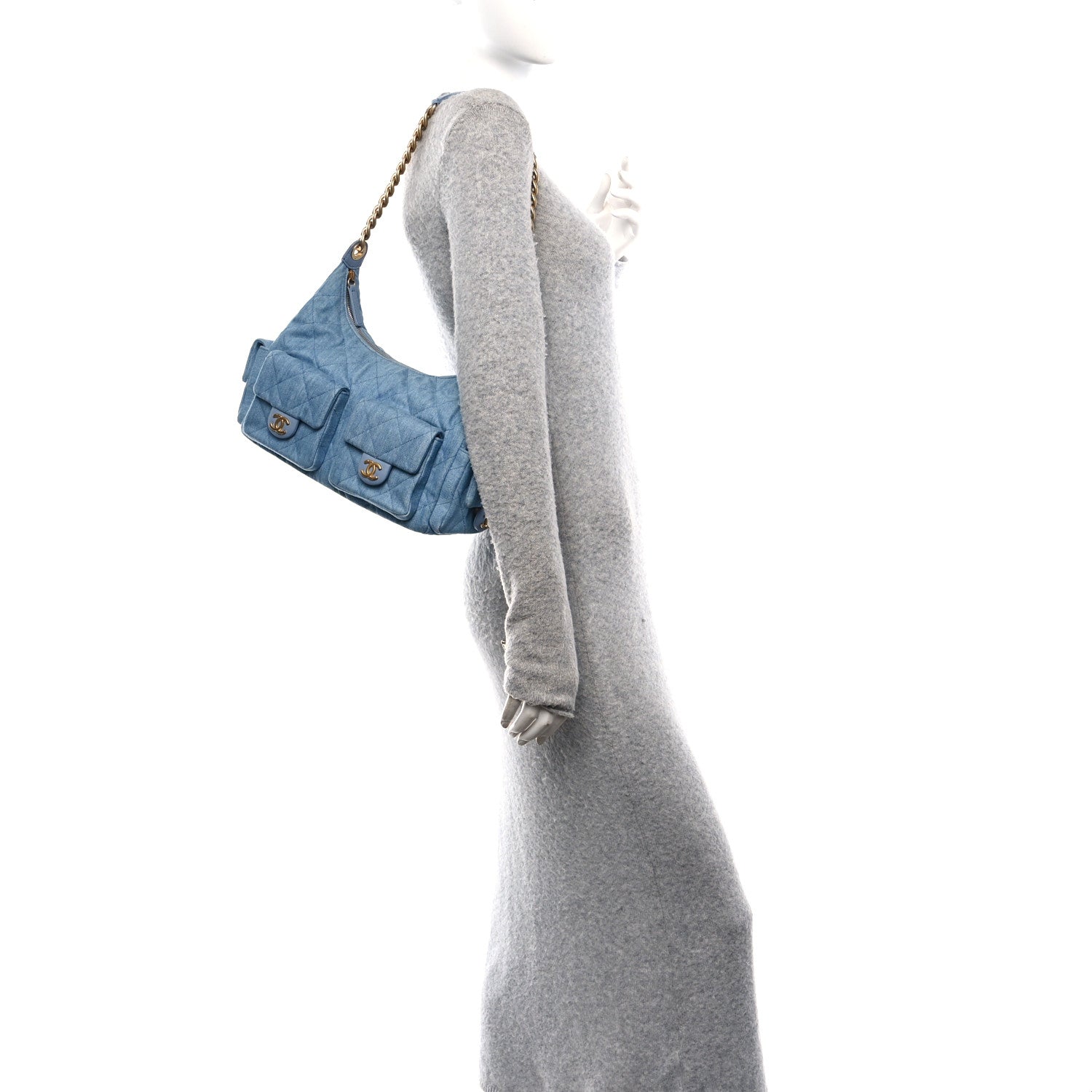 Chanel Washed Denim Quilted Large Trendy Pockets Hobo Blue