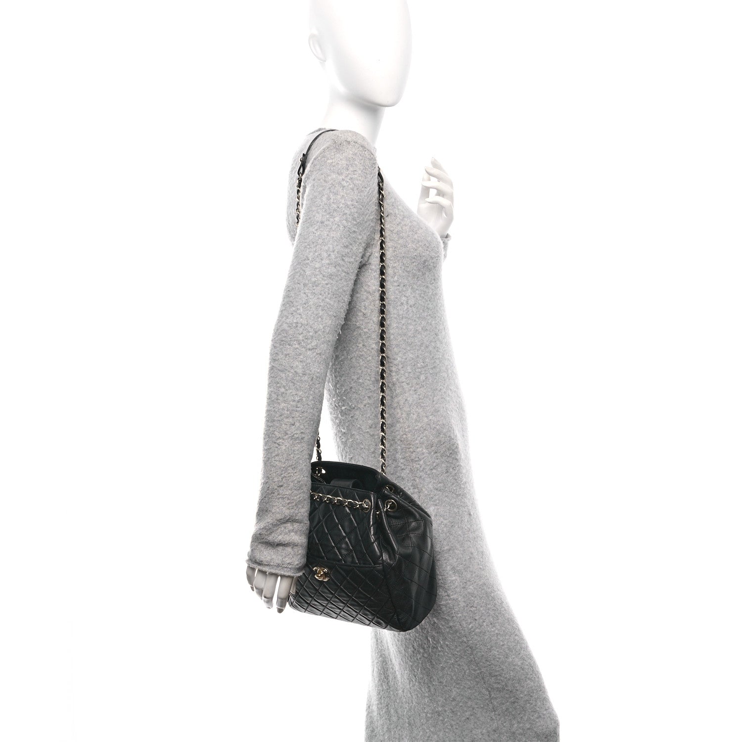 Chanel Lambskin Quilted Drawstring Bag Black