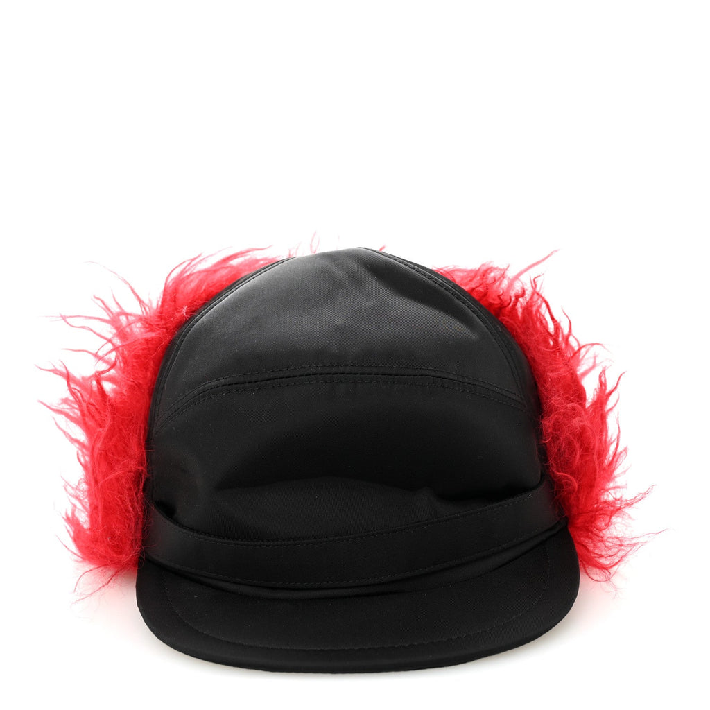 Prada Re-Nylon Curly Faux Fur Mens Ear Flap Baseball Hat L Black Cerise