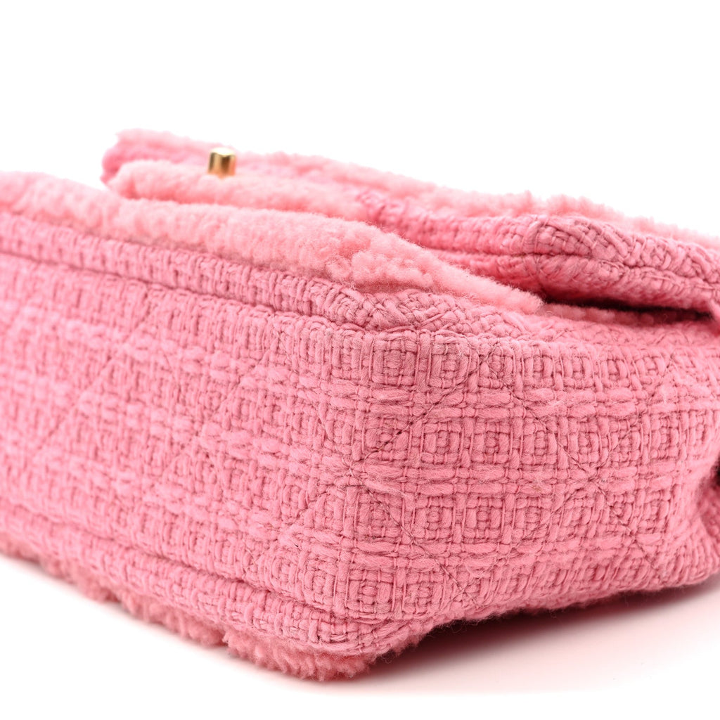 Chanel Shearling Tweed Quilted Medium Flap Bag Light Pink